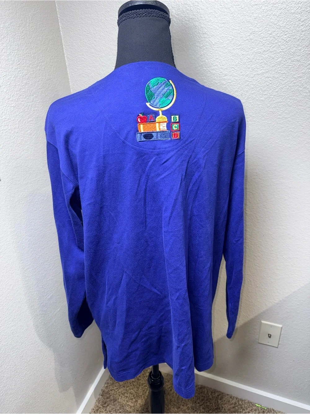 VTG Bechamel Teacher Core School Novelty Embroidered Cardigan S Royal Blue Apple